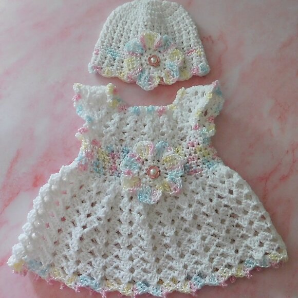 Crochet Baby Dress Handmade, Fits 0-3 Month, Baby Shower Gift, Flower Baby Dress - Picture 1 of 6